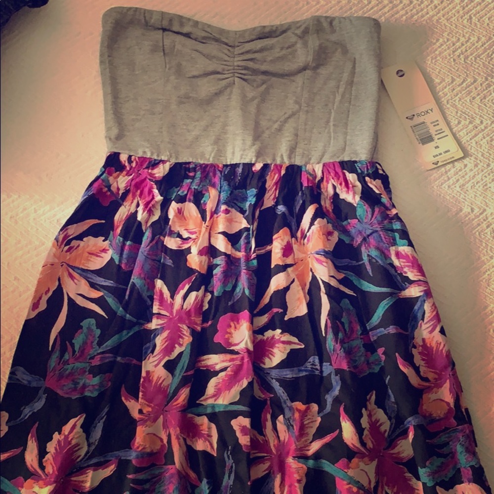 ROXY Silver + Floral Strapless Dress, Mid-Thigh